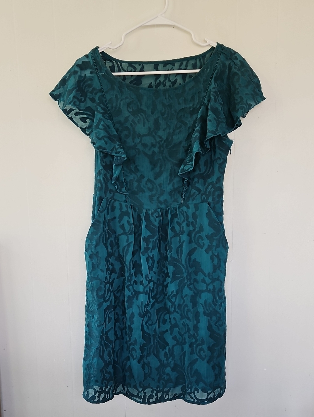 Moulinette Soeurs Teal Floral Burnout Ruffle Midi Dress